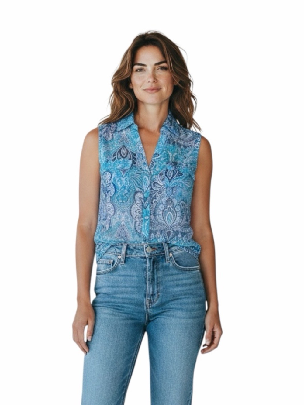 New York & Company Blue Paisley Sleeveless Button Blouse XS